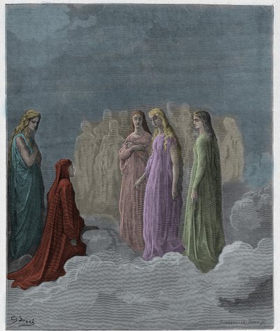 Paradis, Chant 3 : Le premier royaume : Piccarda Donati et les âmes dont les vœux ont été brisés, illustration de La Divine Comédie de Dante Alighieri, 1885 (gravure colorée numériquement) - Gustave after Dore